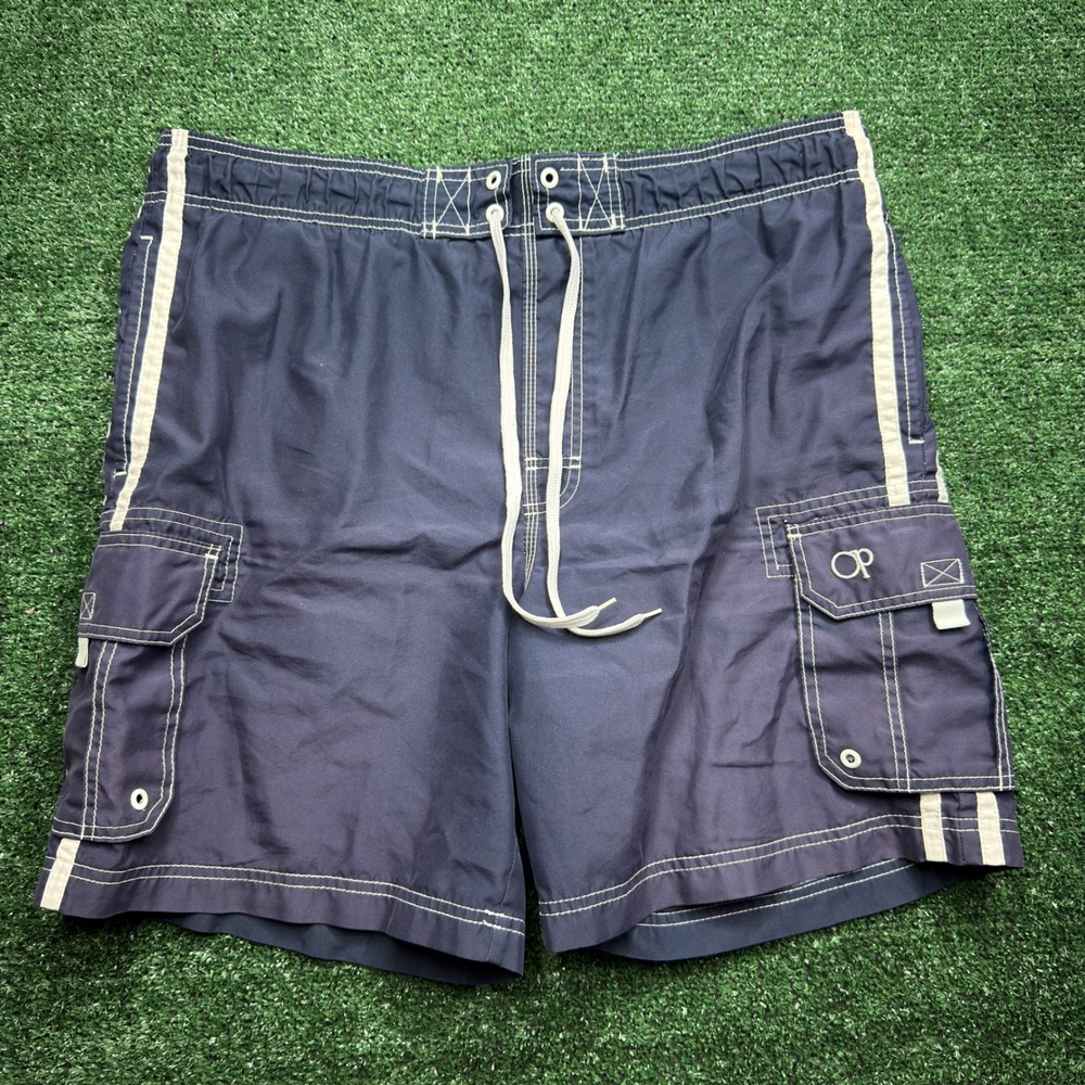 Vintage 90s Ocean Pacific OP Board Shorts Mens XL Navy Blue Cargo Swim Trunks